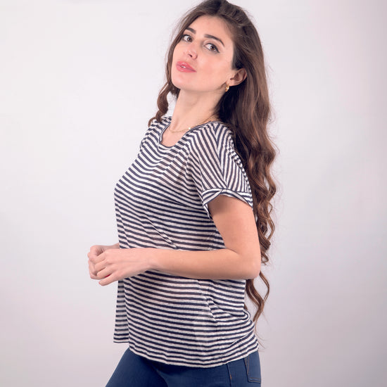 T-shirt in lino rigato blu