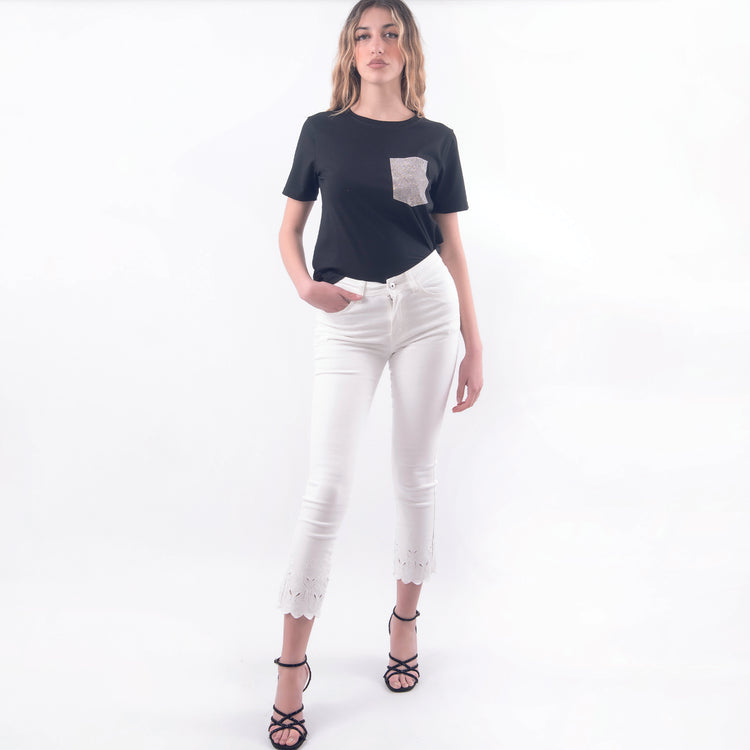 Jeans elasticizzato bianco ricami farfalle