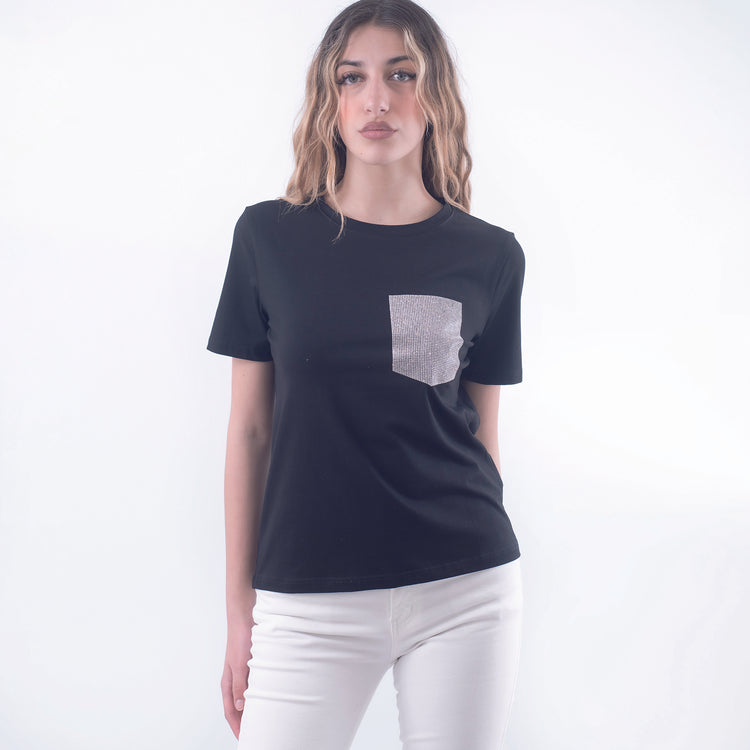 T-shirt in cotone taschino diamanti nero