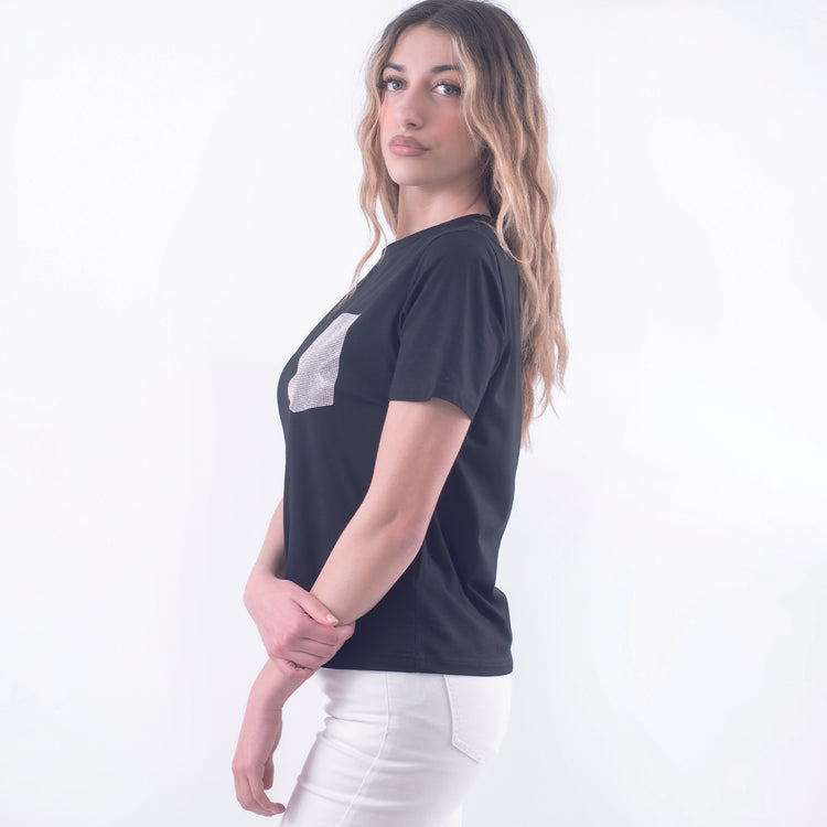 T-shirt in cotone taschino diamanti nero