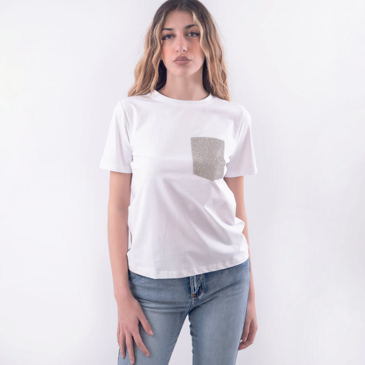 T-shirt in cotone taschino diamanti bianco