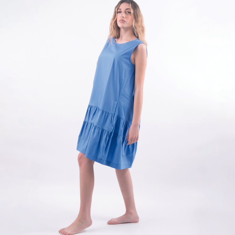 Abito smanicato midi in cotone azzurro