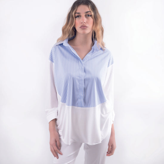 Camicia lunga in viscosa righe celeste
