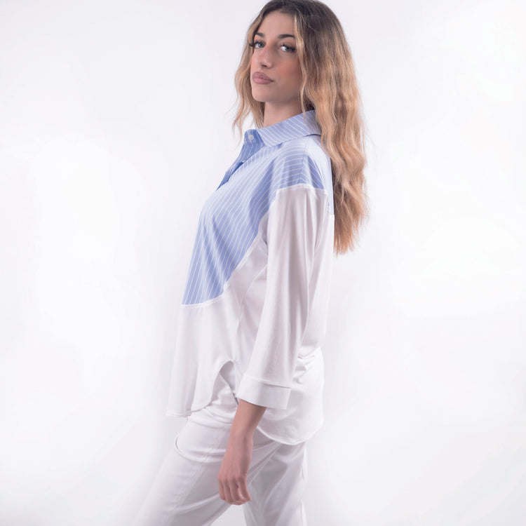 Camicia lunga in viscosa righe celeste