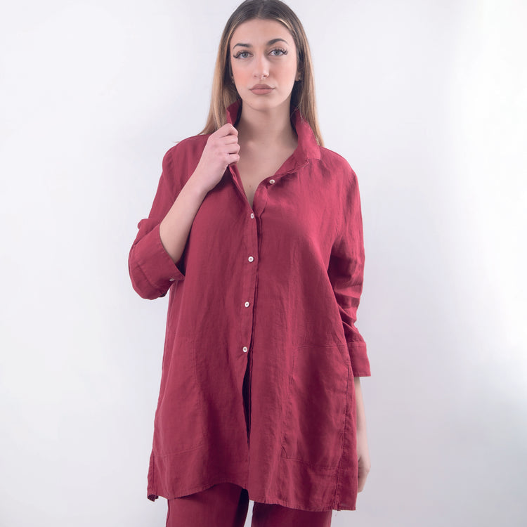 Camicia lunga lino bordeaux