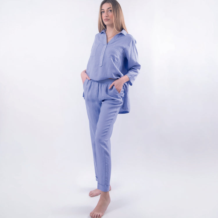 Pantalone in lino celeste