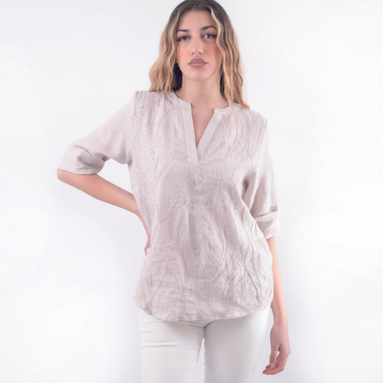 Maglia scollo V in lino beige