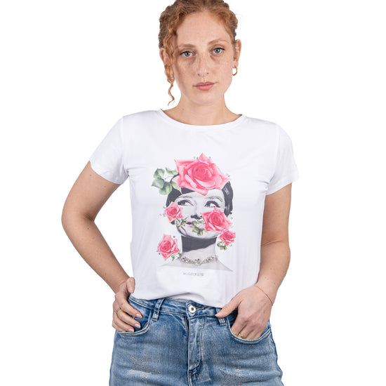 T-shirt in cotone con stampa Audrey Hepburn.