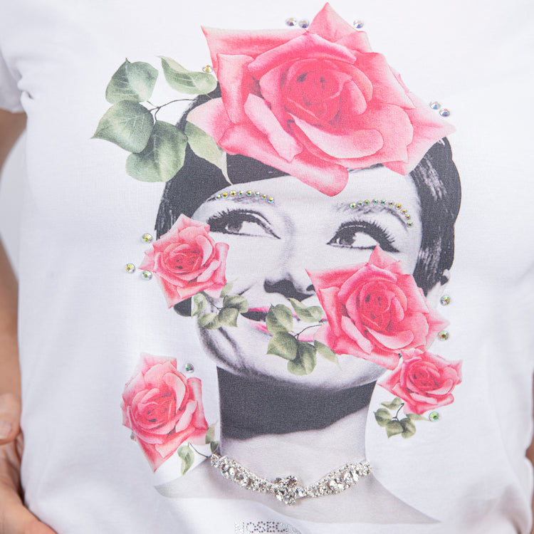 T-shirt in cotone con stampa Audrey Hepburn.