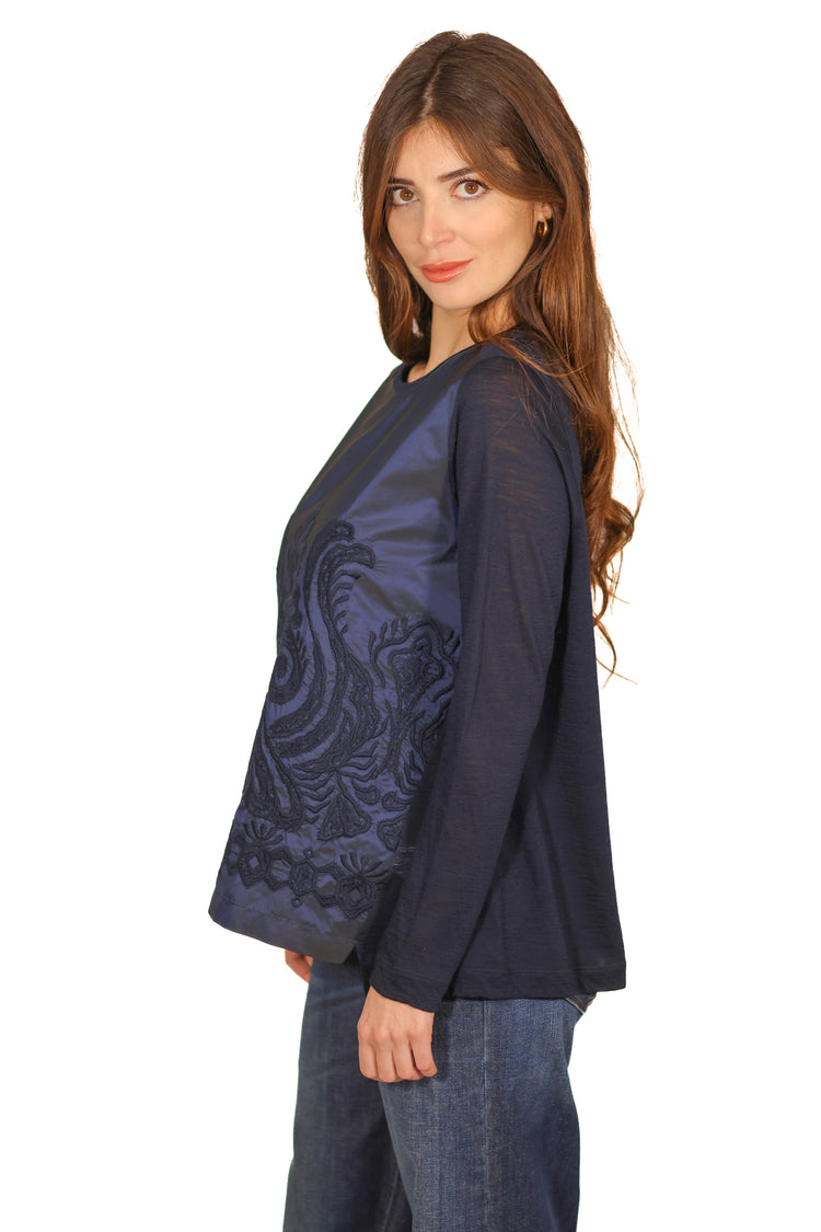 Maglia maniche lunghe con collo tondo misto lana con decorazione frontale blu