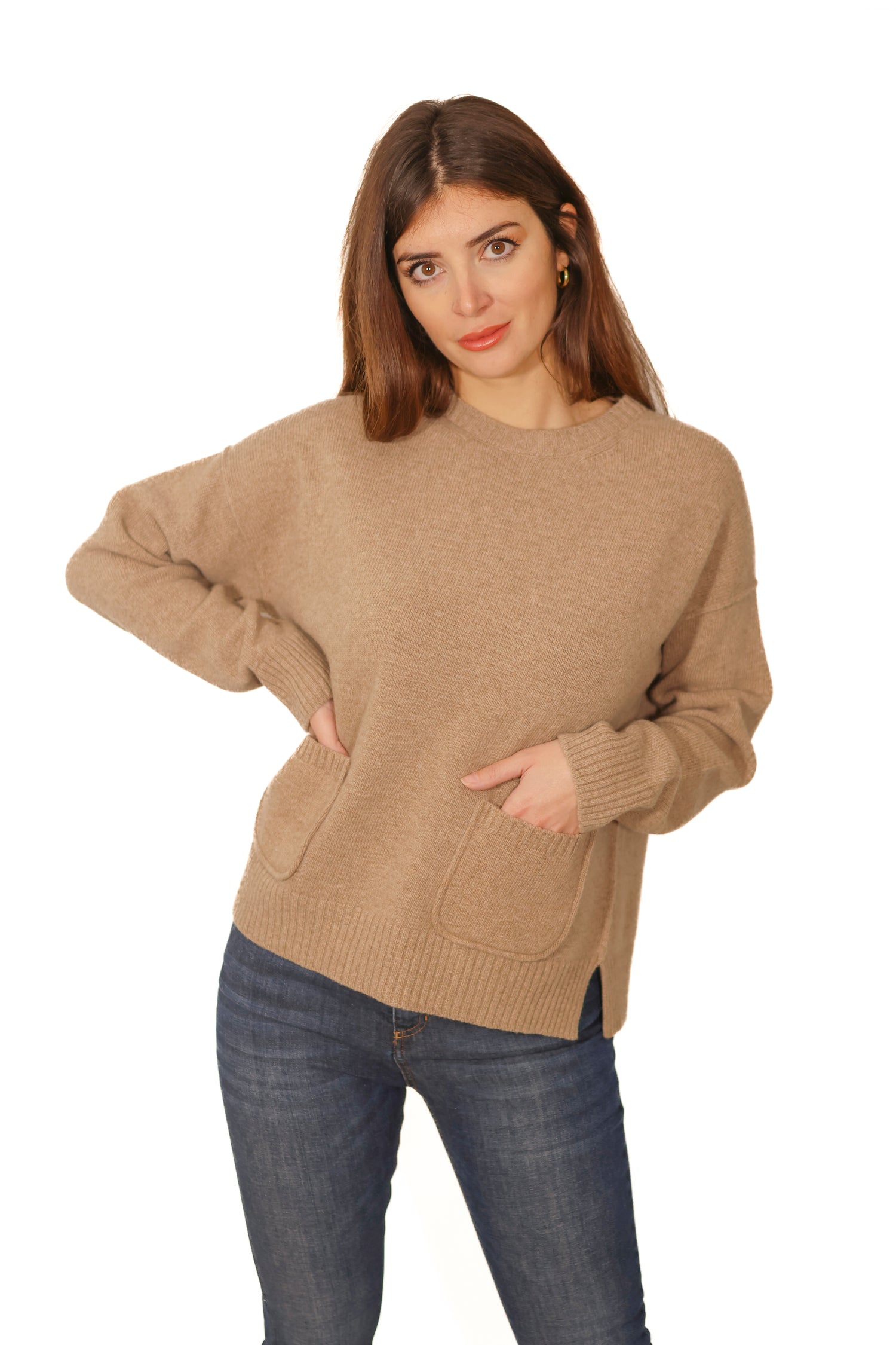 Maglia in 100% lana, girocollo con tasche beige