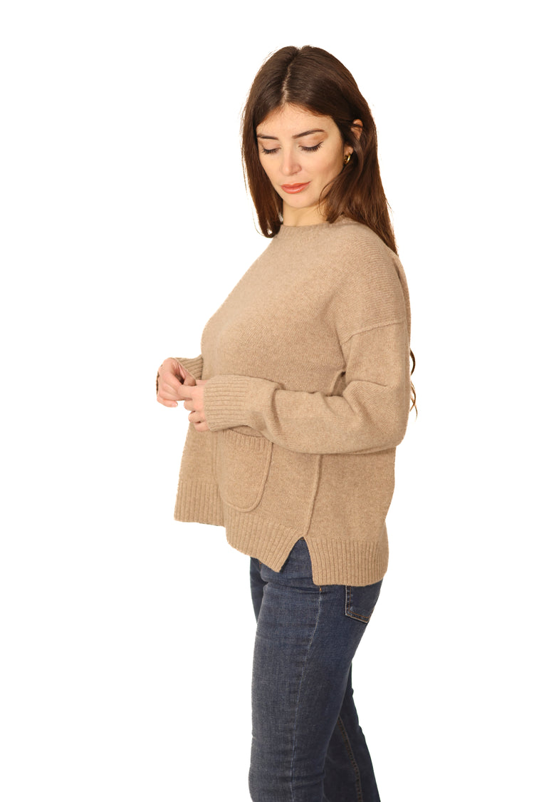 Maglia in 100% lana, girocollo con tasche beige