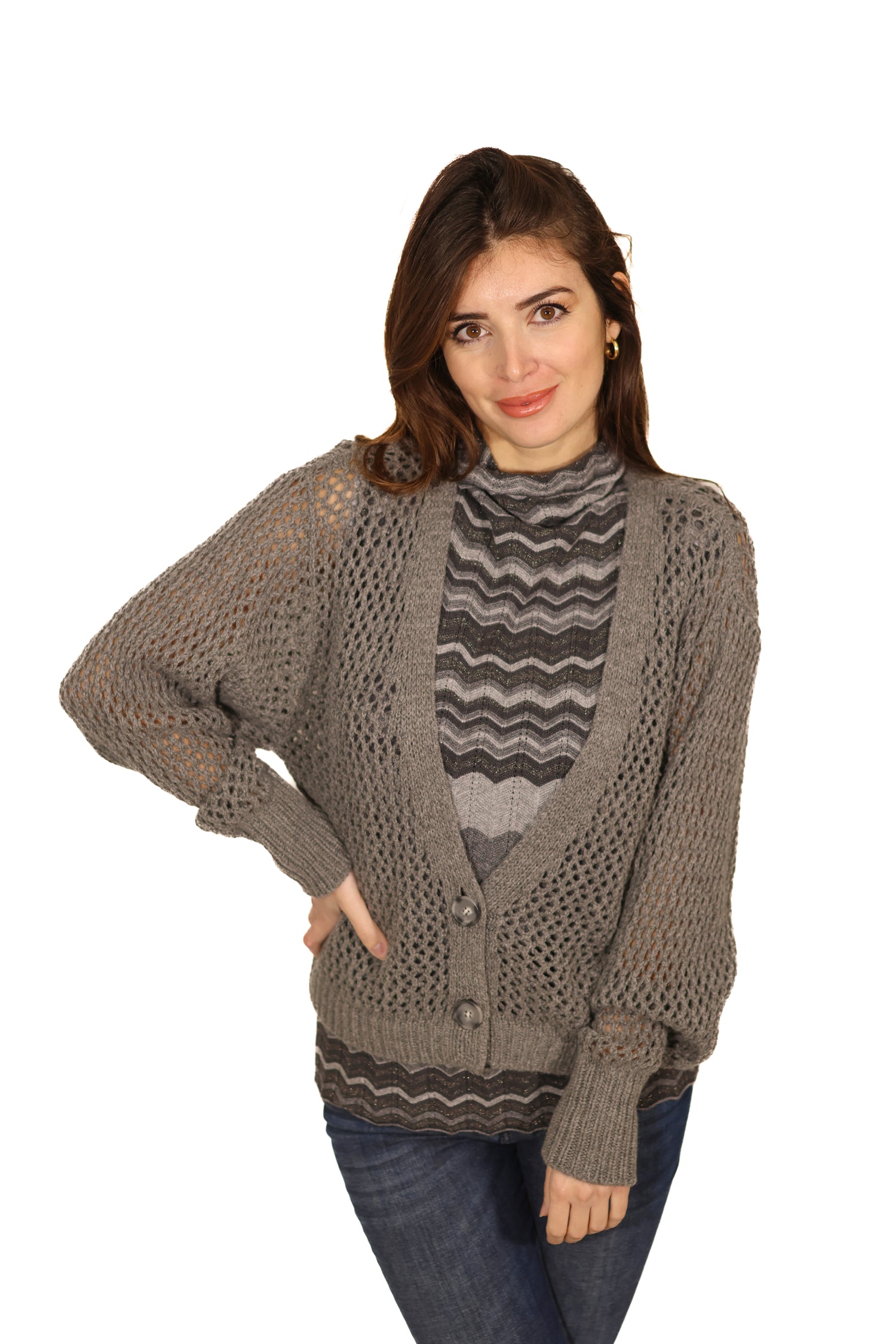 Cardigan a rete in lana merinos grigio