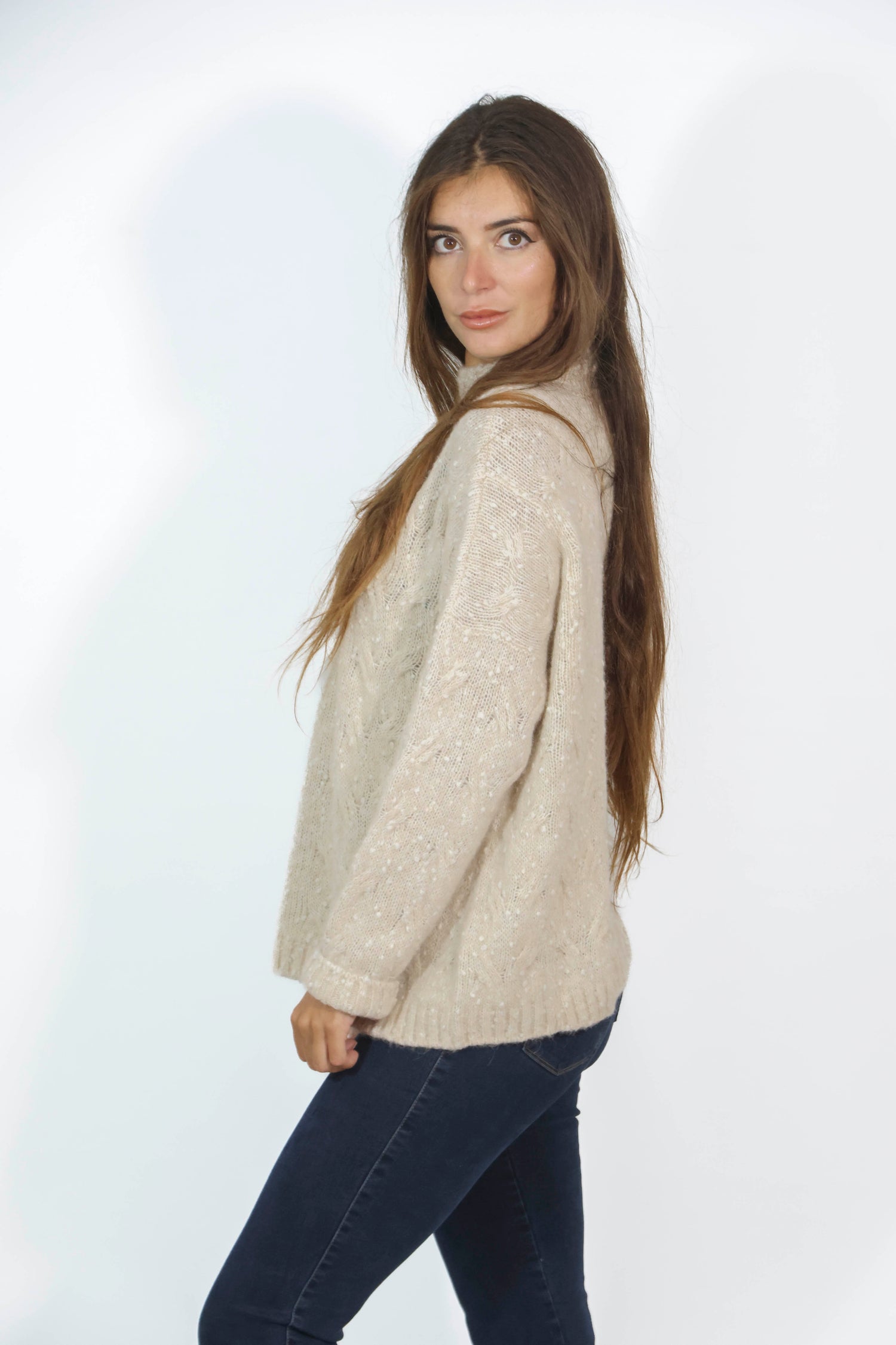 Maglione collo alto in cachemire beige