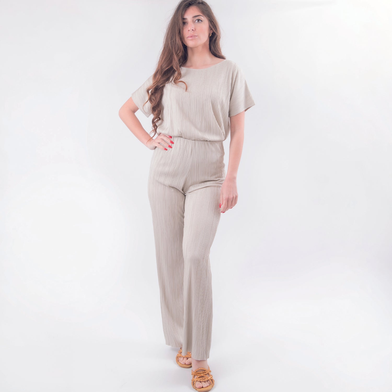 Pantalone plissettato in viscosa beige