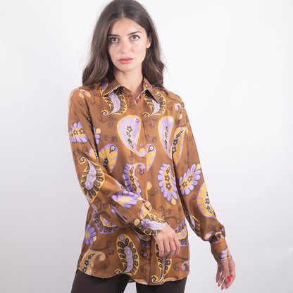 Camicia di seta manica lunga marrone e viola