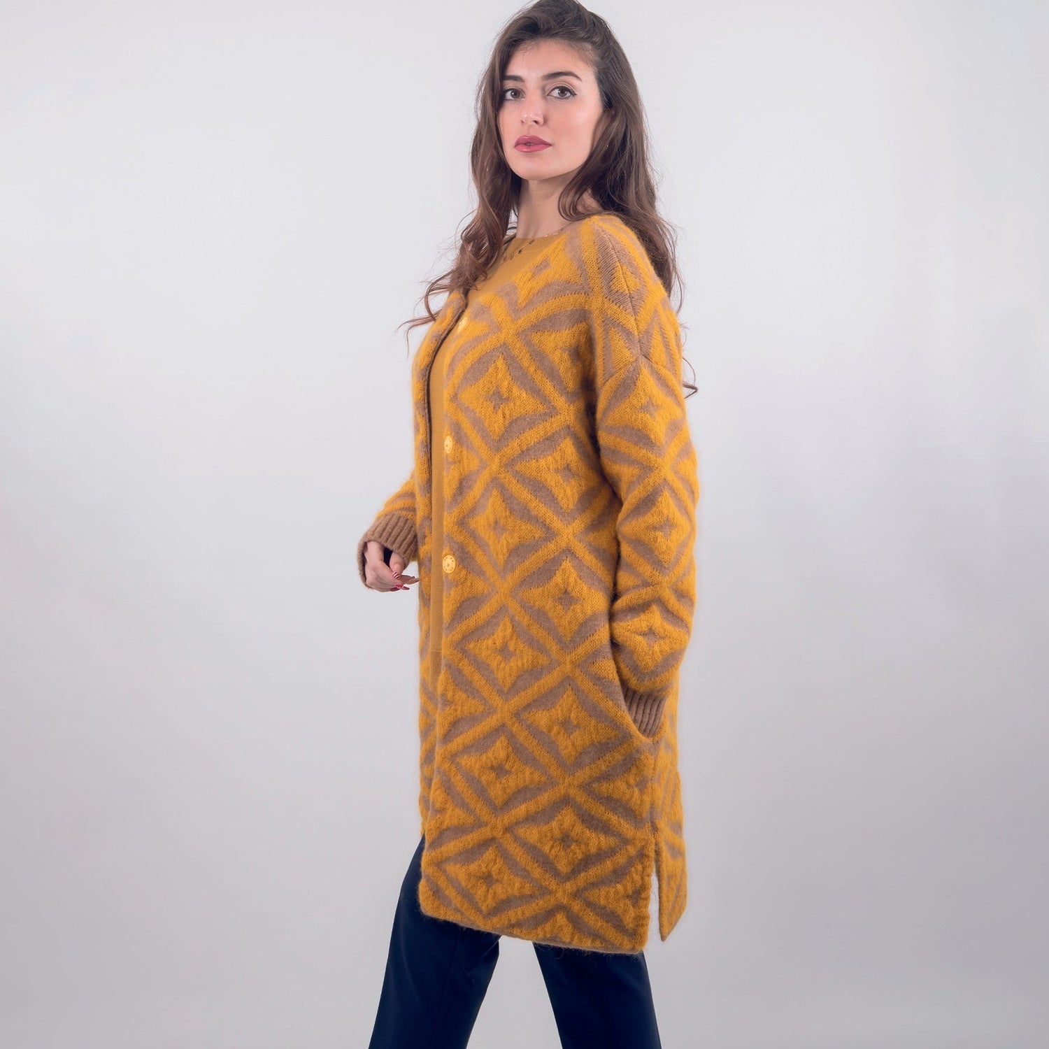 Cardigan girocollo in lana mohair giallo