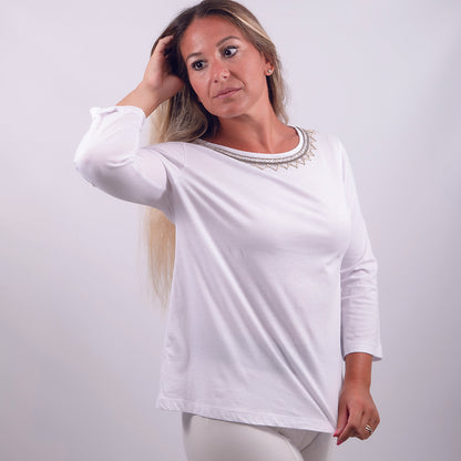 Tshirt manica tre quarti in cotone elasticizzato bianco