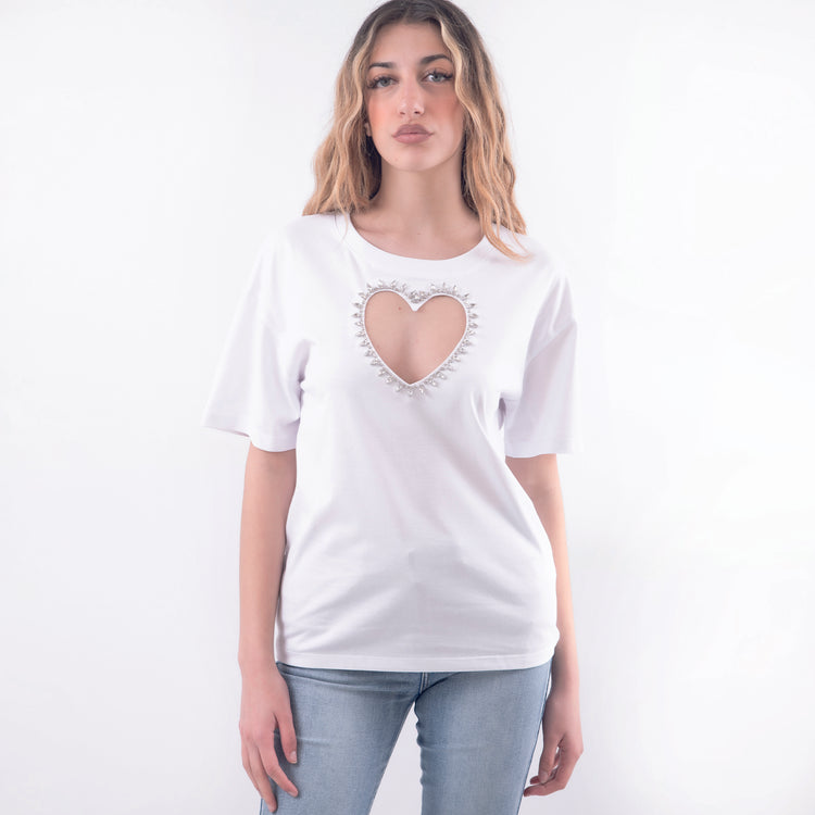 T-shirt con cuore diamanti bianco