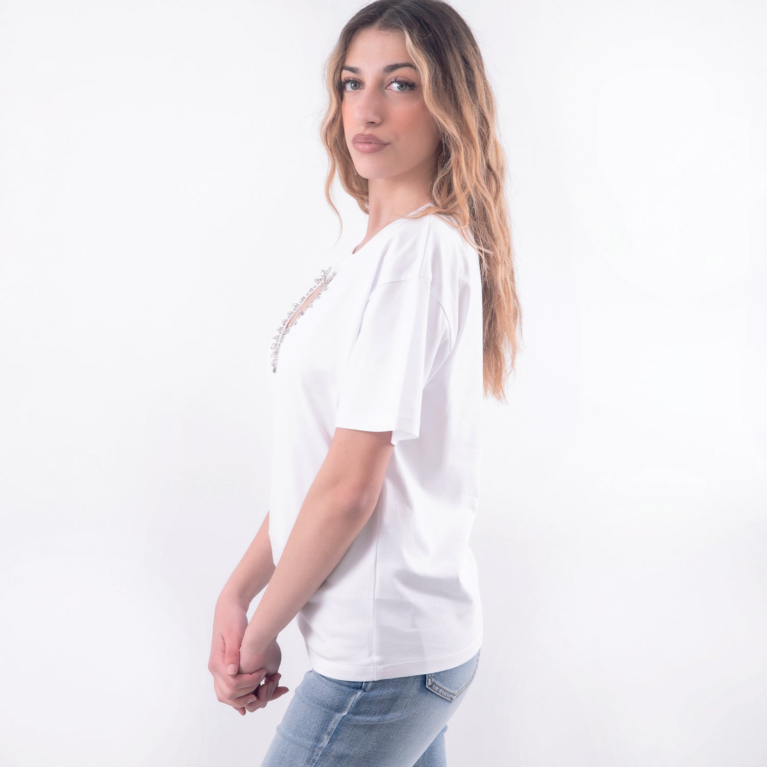 T-shirt con cuore diamanti bianco