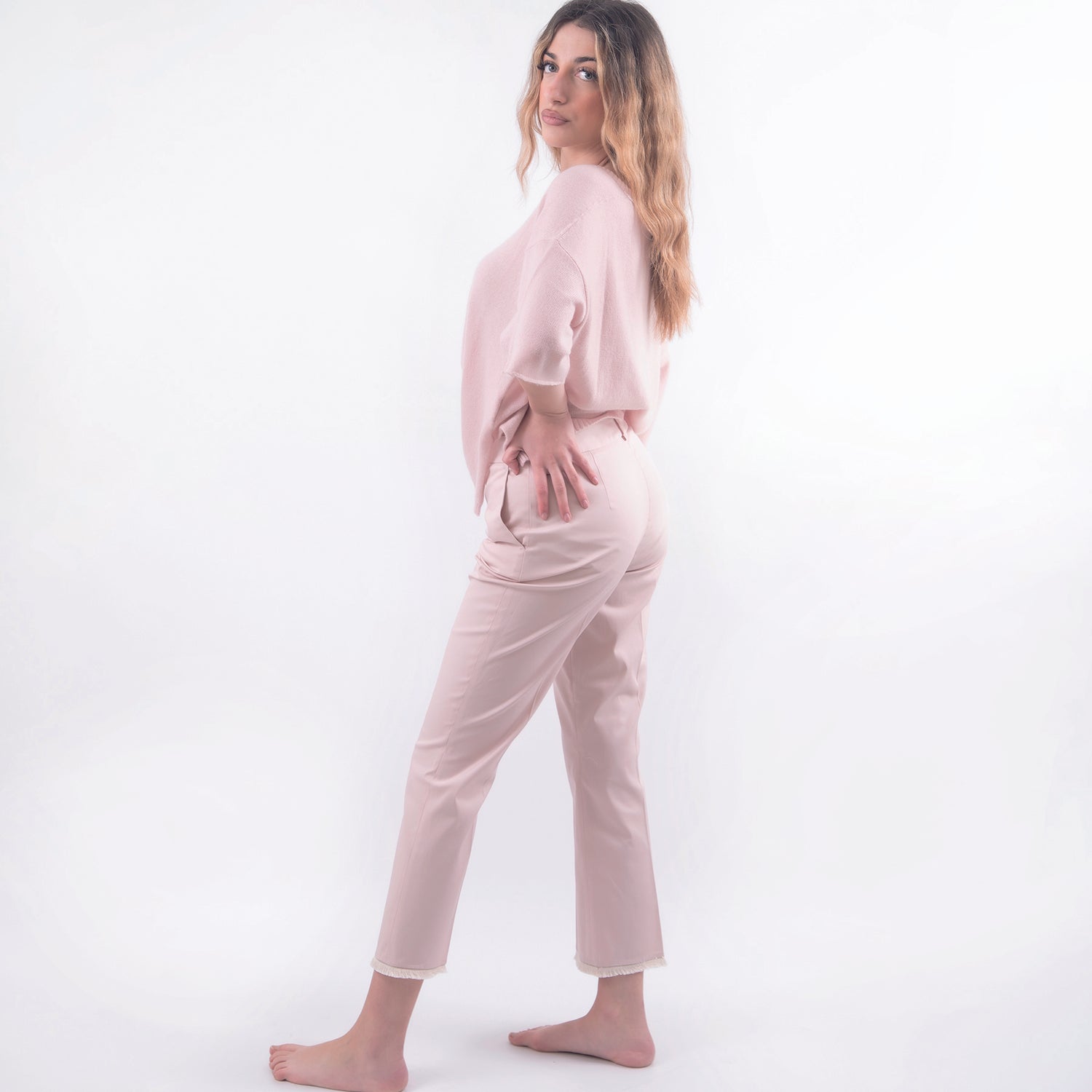 Pantalone vita bassa in cotone rosa